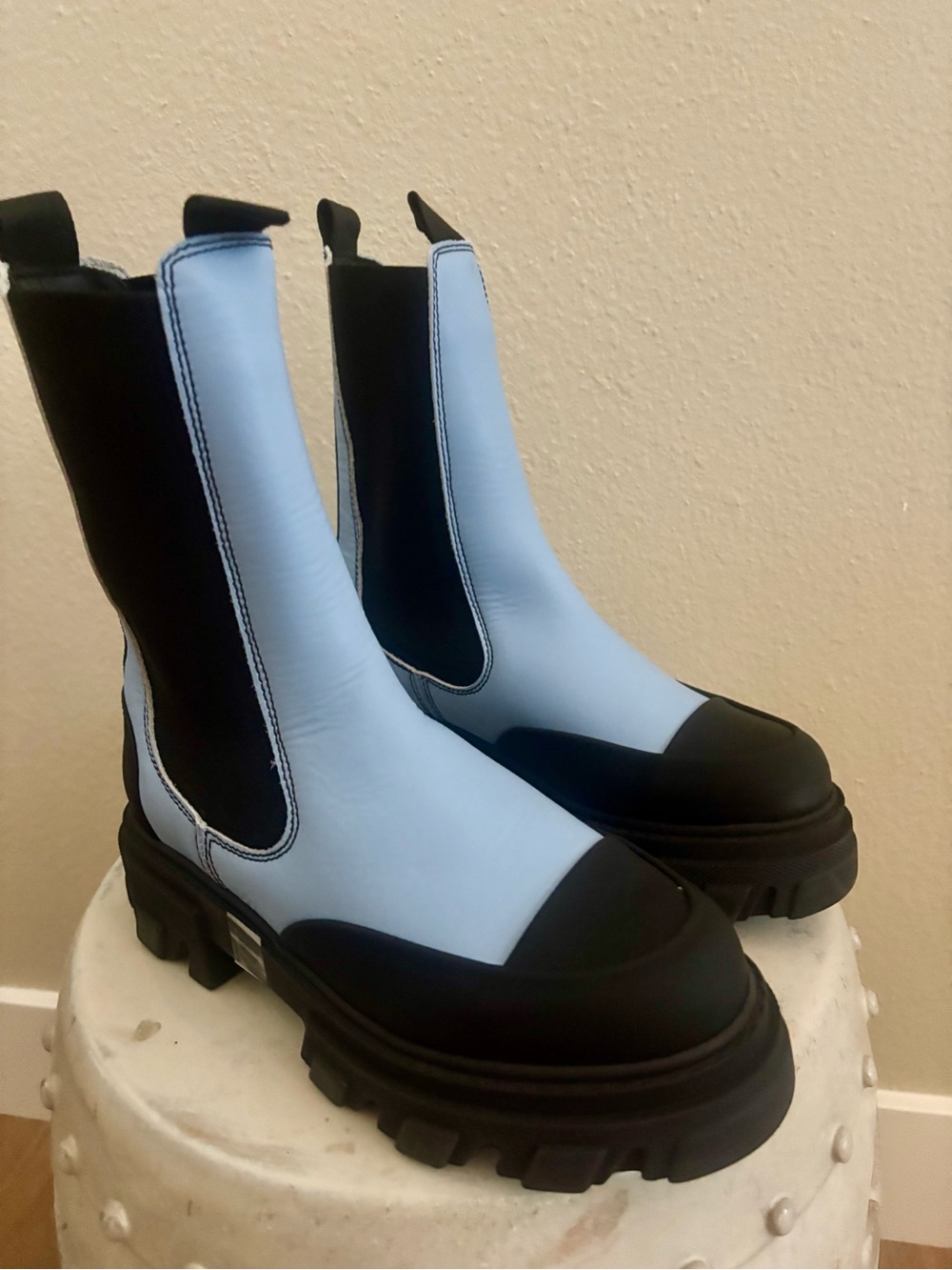 Ganni Cleated Mid Chelsea Boots in Light Blue and Black - Picture 2 of 4